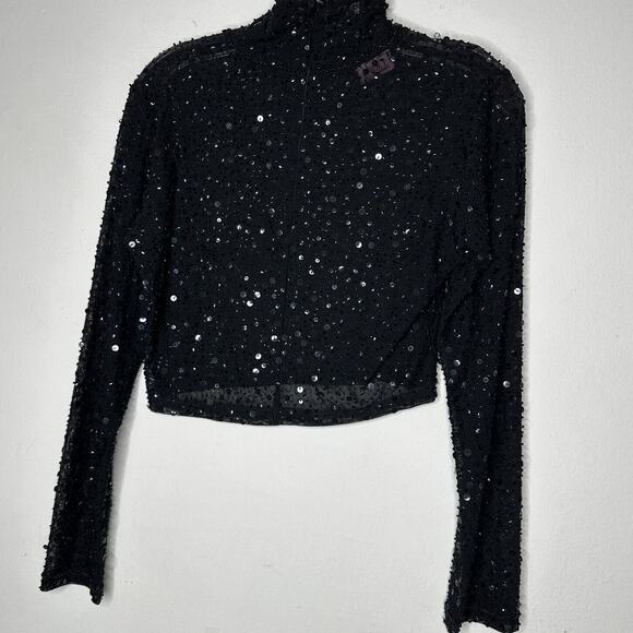 Dyspnea Sheer Black Sequin Mesh Mock Neck Long Sleeve Crop Top Hand Beaded Small - Picture 3 of 11